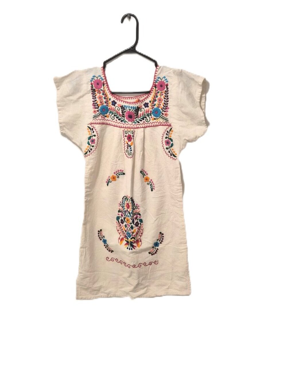 Vintage Handmade Mexican Embroidered Folk Dress Kids Petite White Manta Cotton
